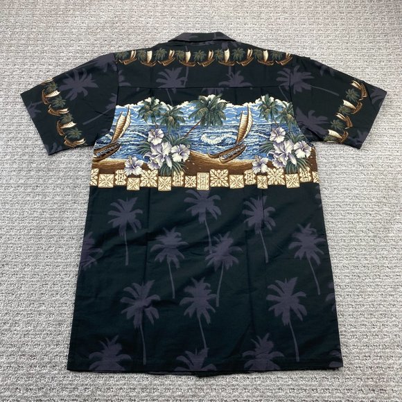 FAVANT Hawaiian Shirt Men Small S Black Button Up Floral Palm Tree Beach Waves - Picture 2 of 9